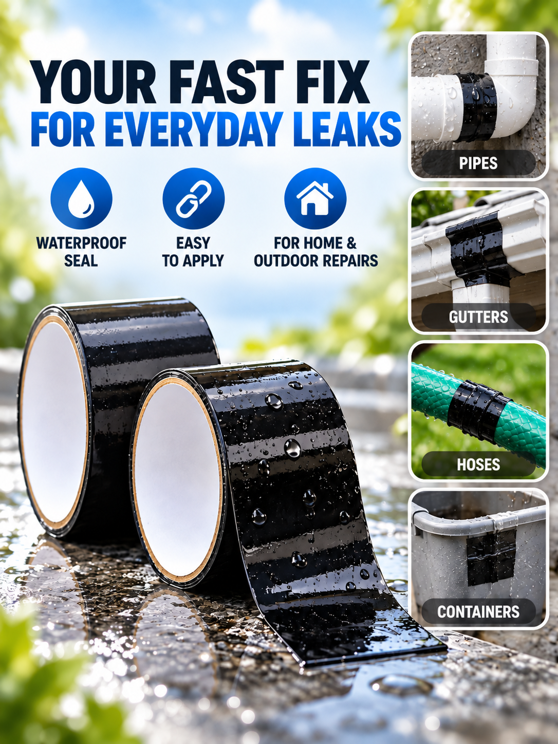 Instant Waterproof Leak Repair Tape, Strong Adhesive Self-Sealing Repair Tape, Works On Wet Surfaces, For PVC Metal Pipe, Hose, Aquarium, Bucket, Roof, Gutter & Outdoor Leak Fix