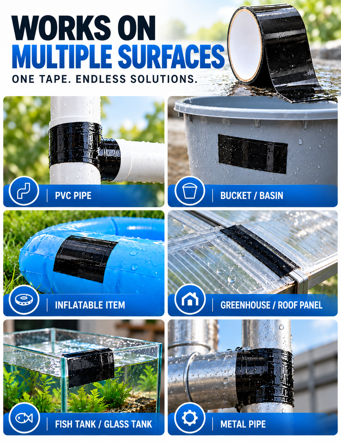 Instant Waterproof Leak Repair Tape, Strong Adhesive Self-Sealing Repair Tape, Works On Wet Surfaces, For PVC Metal Pipe, Hose, Aquarium, Bucket, Roof, Gutter & Outdoor Leak Fix