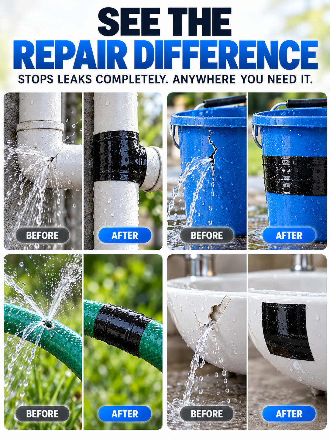 Instant Waterproof Leak Repair Tape, Strong Adhesive Self-Sealing Repair Tape, Works On Wet Surfaces, For PVC Metal Pipe, Hose, Aquarium, Bucket, Roof, Gutter & Outdoor Leak Fix