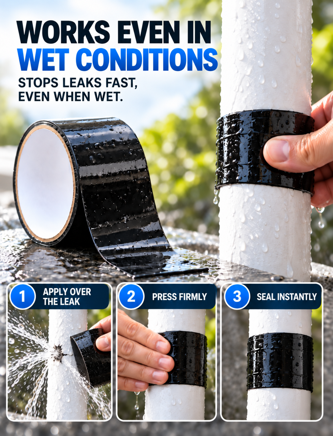 Instant Waterproof Leak Repair Tape, Strong Adhesive Self-Sealing Repair Tape, Works On Wet Surfaces, For PVC Metal Pipe, Hose, Aquarium, Bucket, Roof, Gutter & Outdoor Leak Fix